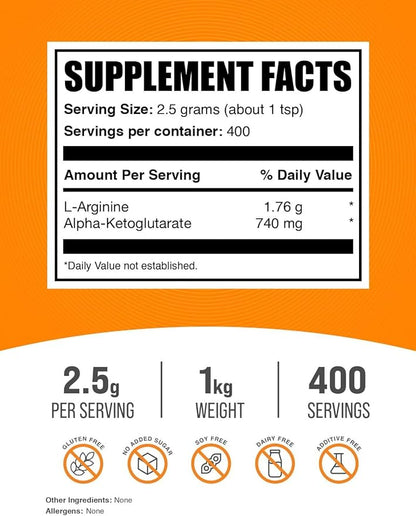 BulkSupplements.com AAKG Powder - Arginine Alpha-Ketoglutarate, AKG Supplement - Arginine Supplement, Unflavored & Gluten Free, 2500mg per Serving, 1kg (2.2 lbs) (Pack of 1)