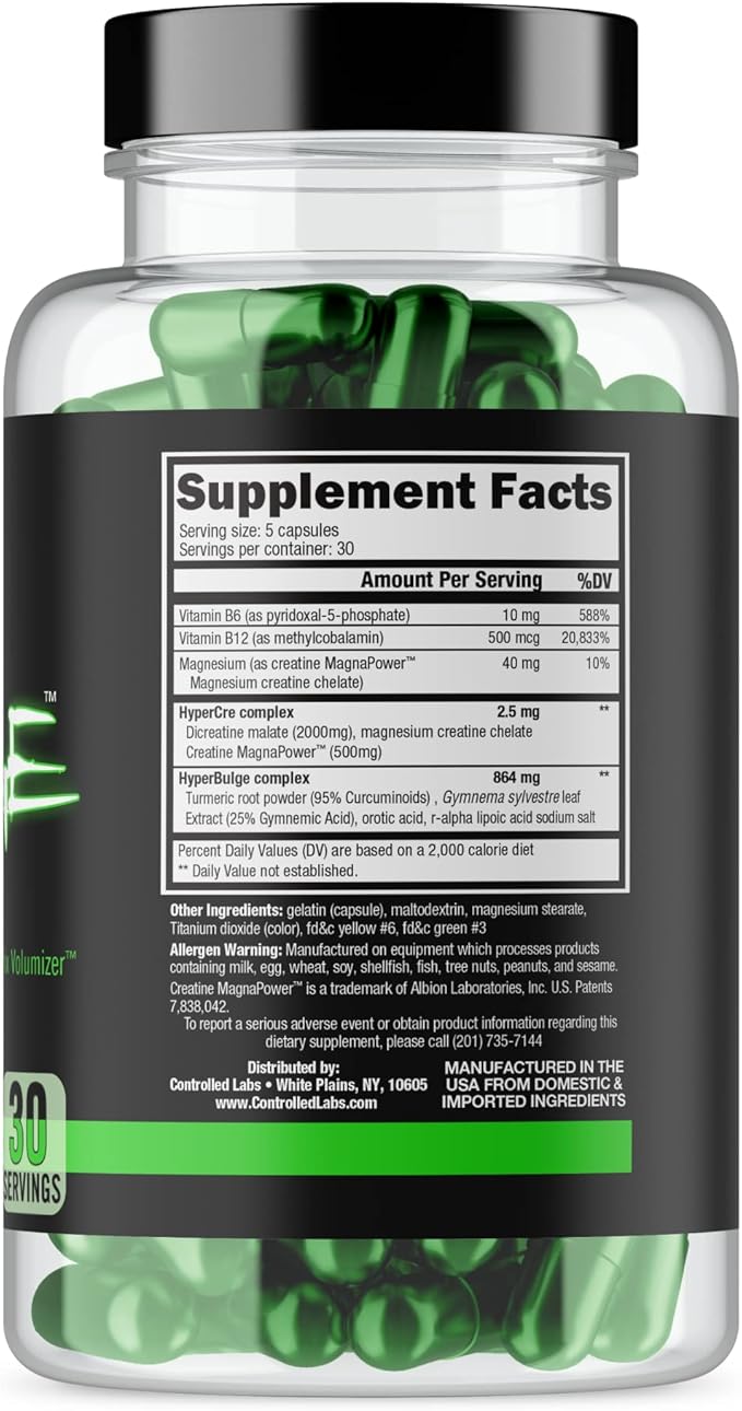 CONTROLLED LABS Green Bulge Supplement, 30 Serv Advanced Creatine Matrix Volumizer, Improve Strength, Stamina, Performance, & Muscle Recovery, Caffeine & Stimulant Free