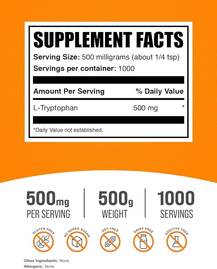 BulkSupplements.com L-Tryptophan Powder - L-Tryptophan 500mg, Tryptophan Supplement - Amino Acid Supplement, Gluten Free, 500mg per Serving, 500g (1.1 lbs) (Pack of 1)