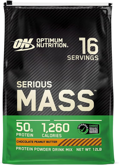 Optimum Nutrition Serious Mass, Weight Gainer Protein Powder, Mass Gainer, Vitamin C and Zinc for Immune Support, Creatine, Chocolate Peanut Butter, 12 Pound (Packaging May Vary)