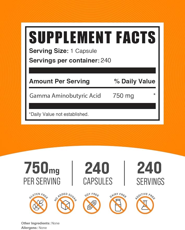 BulkSupplements.com Gamma Aminobutyric Acid Capsules - GABA Supplement, GABA Capsules, GABA 750mg - Vegan & Gluten Free, 1 Capsule per Serving, 240 Veg Capsules (Pack of 1)