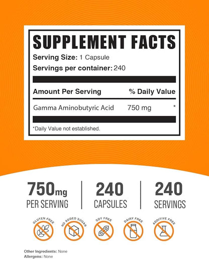 BulkSupplements.com Gamma Aminobutyric Acid Capsules - GABA Supplement, GABA Capsules, GABA 750mg - Vegan & Gluten Free, 1 Capsule per Serving, 240 Veg Capsules (Pack of 1)