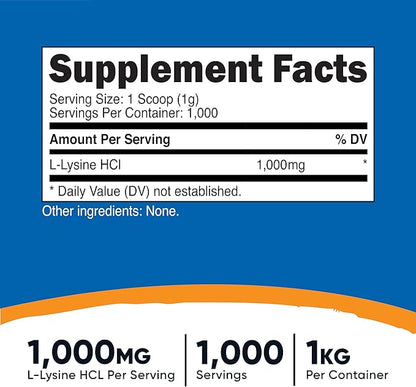 Nutricost L-Lysine Powder 1KG (2.2lbs) - Pure L-Lysine, Non-GMO, Gluten Free