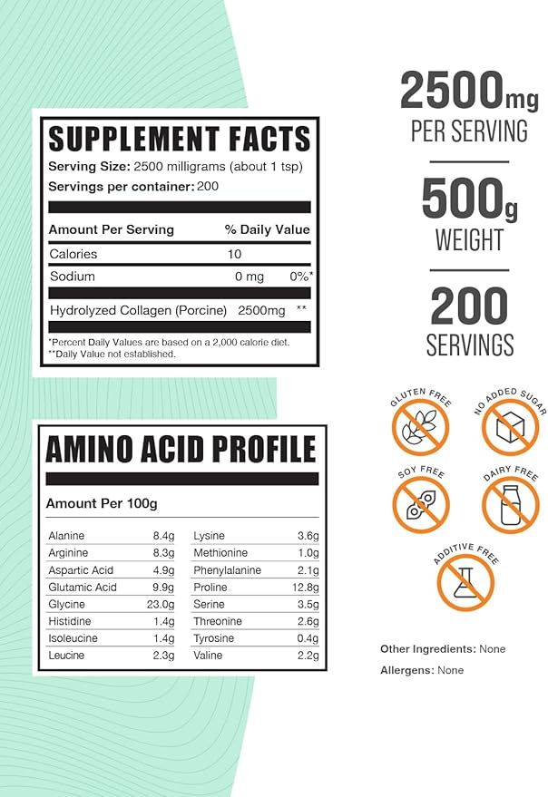 BulkSupplements.com Porcine Collagen Powder - Hydrolyzed Collagen Powder, Collagen Supplement, Collagen Protein Powder - Gluten Free, 2500mg per Serving, 500g (1.1 lbs) (Pack of 1)