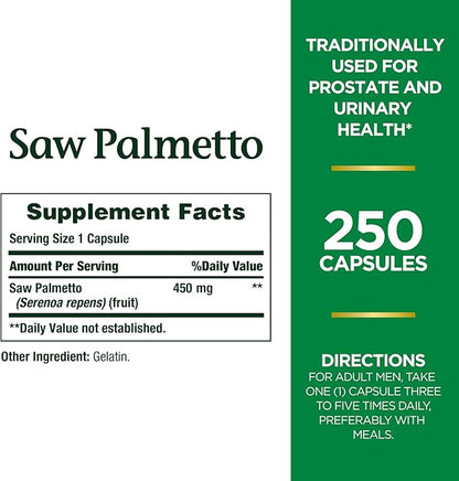 Nature's Bounty Saw Palmetto Support for Prostate and Urinary Health, Herbal Health Supplement, 450mg, 250 Capsules