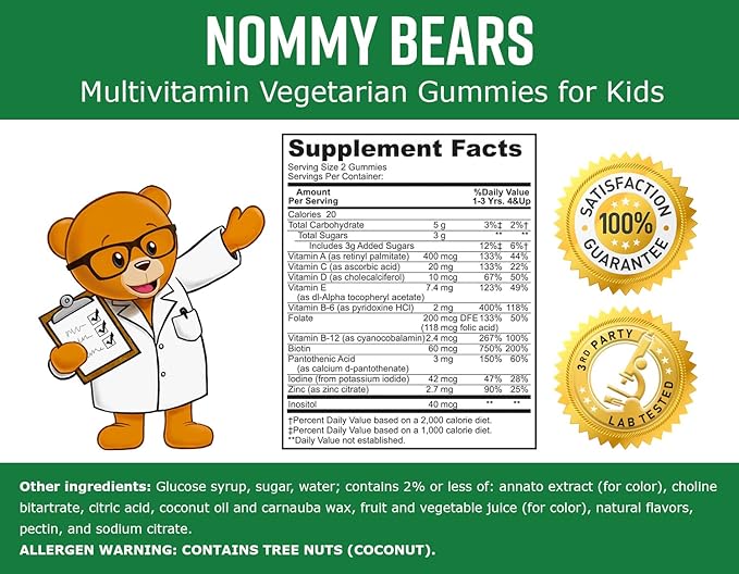 MULTIVITAMIN Gelatin-Free Gummies: for Kids, Children, Teens, Nom Nom Yummy, 3 Delicious Flavors, 11 Essentials, Gluten-Free, Halal Certified, Mommy Approved, Bear Shapes, Vegetarian