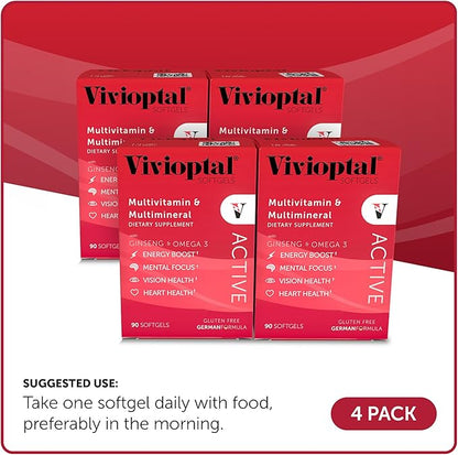 Vivioptal Active, 90 Softgels (1 Year Supply), Ginseng & Omega 3, Multivitamin & Multimineral, Gluten Free, German Formula