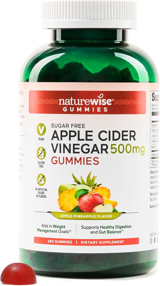 NatureWise Apple Cider Vinegar ACV Gummies - 1000mg ACV per 2, Sugar Free, Vegan - Energy & Gut Health - ACV Gummies W/Vitamin B12-180 Gummies[3-Month Supply for 1000mg / 6-Month Supply for 500mg]