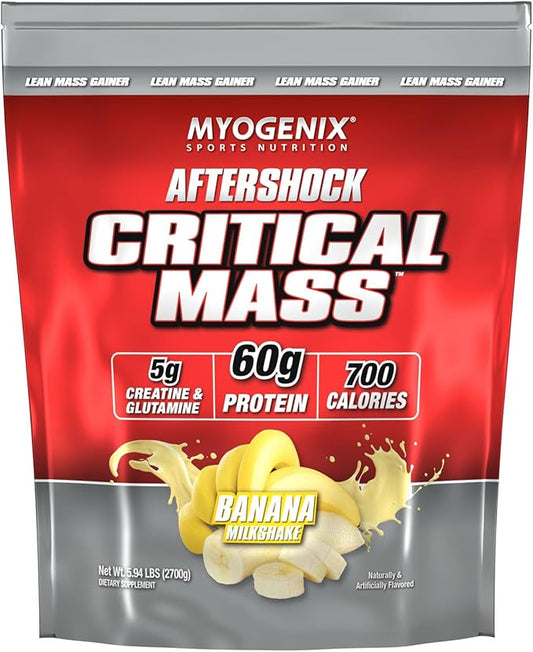 Myogenix Critical Mass Gainer Supplement Aftershock Banana Milkshake Flavored Muscle Mass Weight Gain Supplement, Zero Lactose Weight Gainer Protein Powder, Anabolic Whey Protein (5.62 lbs)