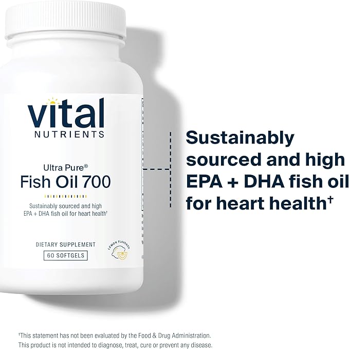 Vital Nutrients Ultra Pure® Fish Oil 700 | Supports Heart, Brain, and Joint Health* | Sustainably Sourced High EPA & DHA Omega-3 Fatty Acid | Lemon Flavor | Gluten, Dairy & Soy Free | 60 Softgels