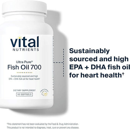 Vital Nutrients Ultra Pure® Fish Oil 700 | Supports Heart, Brain, and Joint Health* | Sustainably Sourced High EPA & DHA Omega-3 Fatty Acid | Lemon Flavor | Gluten, Dairy & Soy Free | 60 Softgels