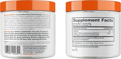 Genius L-Arginine Nitric Oxide Powder - Fermented L- Arginine Nutritional Supplements & Nitric Oxide Booster - Pre Workout, Natural Muscle Builder - 30 Servings, Lemon