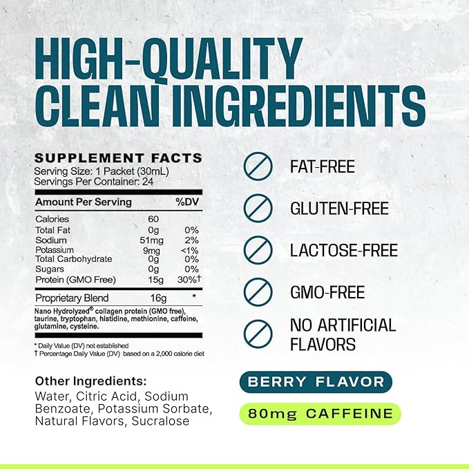 Frog Fuel Power Energized Protein Shot, 15g Protein Nano-Hydrolyzed Grass Fed Collagen, 80mg Caffeine, Fat & Sugar Free, 22 Amino Acids, 0 Carbs, Berry, 1 oz Packets, 24 Pack