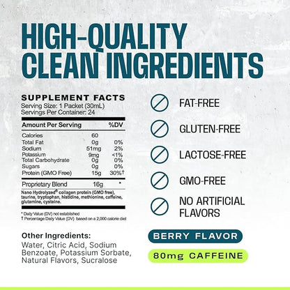 Frog Fuel Power Energized Protein Shot, 15g Protein Nano-Hydrolyzed Grass Fed Collagen, 80mg Caffeine, Fat & Sugar Free, 22 Amino Acids, 0 Carbs, Berry, 1 oz Packets, 24 Pack