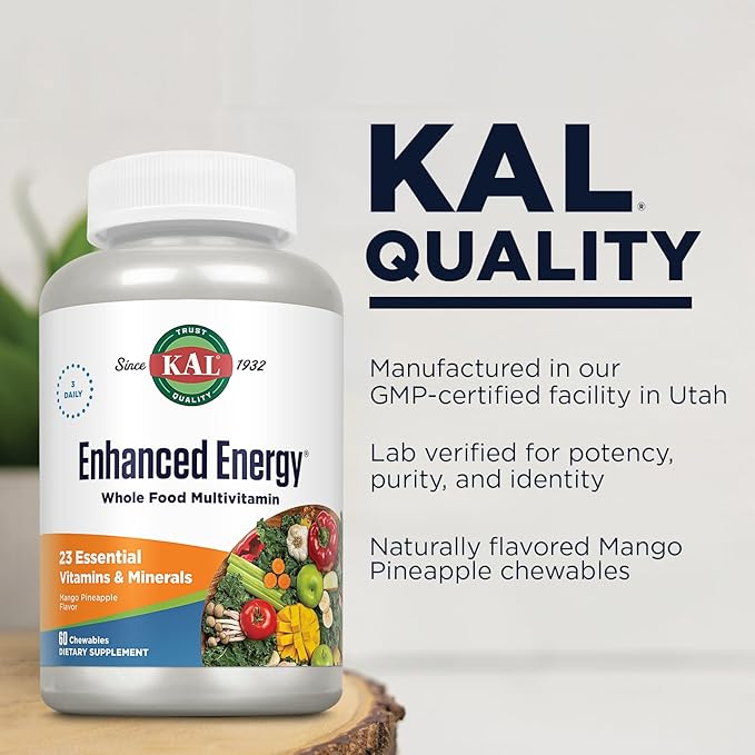 KAL Enhanced Energy Supplements, Whole Food Chewable Multivitamin with Iron, 3 Daily, 23 Essential Vitamins and Minerals, Super Foods, Enzymes, Mango Pineapple Flavor, 60-Day Guarantee, 20 Serv, 60ct
