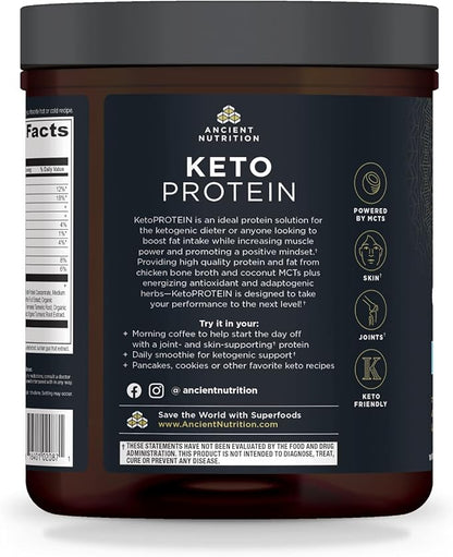 Keto Protein Powder by Ancient Nutrition, KetoPROTEIN with Fats from Bone Broth and MCT Oil, Vanilla, 18g Protein 11g Fat Per Serving, Gluten Free, 17 Servings