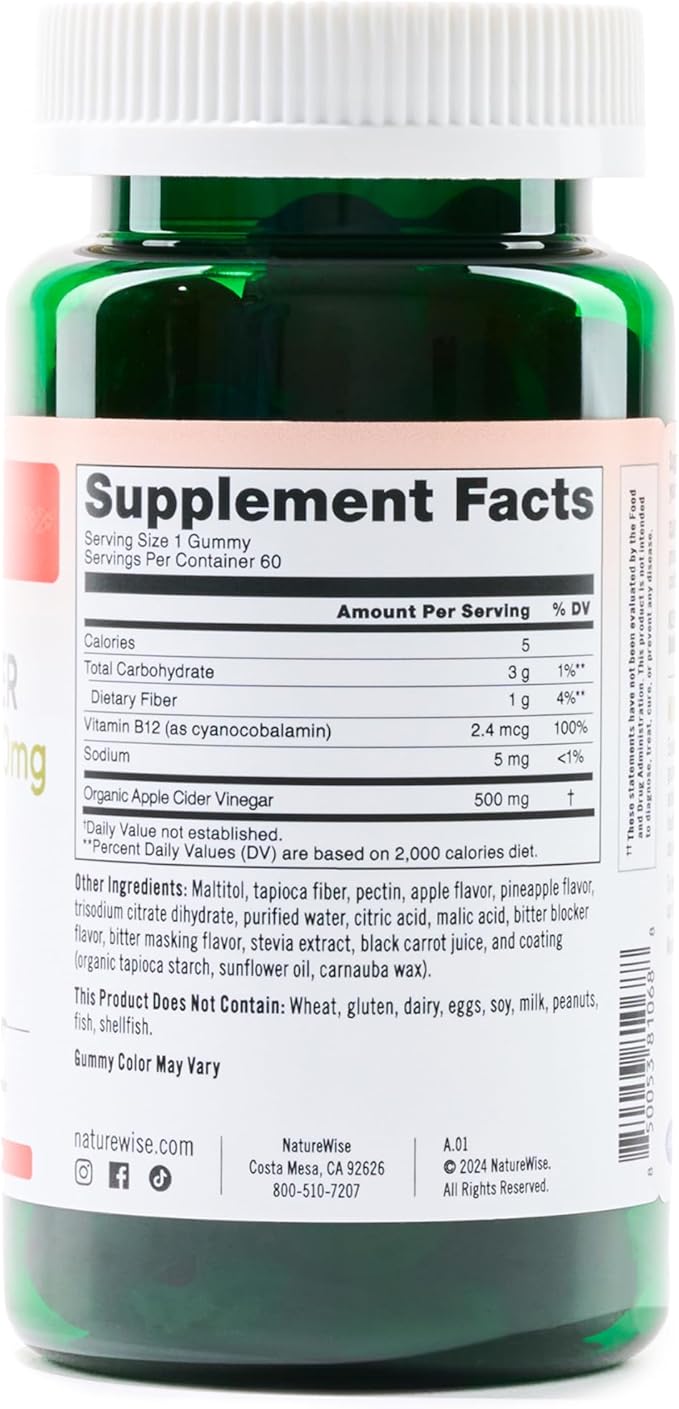 NatureWise Apple Cider Vinegar Keto Gummies - 1000mg ACV per 2, Sugar Free, Vegan - Energy & Gut Health - ACV Gummies W/Vitamin B12-60 Gummies[1-Month Supply for 1000mg / 2-Month Supply for 500mg]