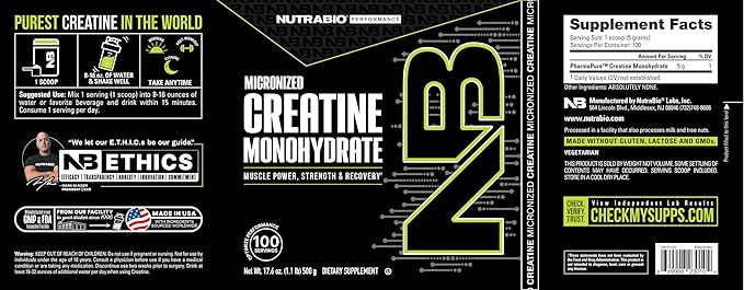 NutraBio Creatine Monohydrate - Micronized Pure Grade - Supports Muscle Energy and Strength - Unflavored, HPLC Tested (500 Grams)