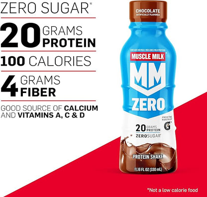 Muscle Milk Zero Protein Shake, Chocolate,20g Protein, Zero Sugar, 100 Calories, Calcium, Vitamins A, C & D, 4g Fiber, Energizing Snack, Workout Recovery, Packaging May Vary,11.16 Fl Oz (Pack of 12)