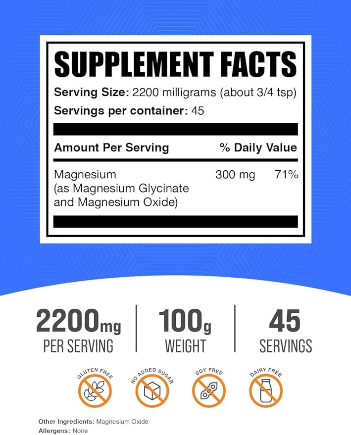 BulkSupplements.com Magnesium Glycinate Powder - Magnesium Bisglycinate, Magnesium Supplement, Magnesium Glycinate 400mg - Gluten Free - 2200mg per Serving, 100g (3.5 oz) (Pack of 1)