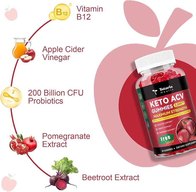 Keto ACV Gummies - 2000mg Apple Cider Vinegar Gummies Sugar-Free Support Stature Health with Probiotics, B12, Keto Supplements for Women & Men 60 Gummies