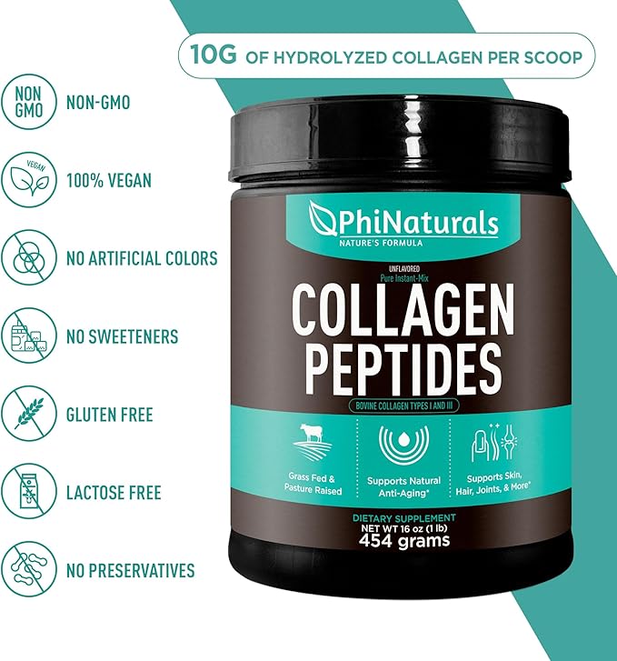 PhiNaturals Hydrolyzed Collagen Peptides Powder (unflavored) for Women and for Men - Grass Fed Bovine Beef Collagen