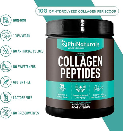 PhiNaturals Hydrolyzed Collagen Peptides Powder (unflavored) for Women and for Men - Grass Fed Bovine Beef Collagen
