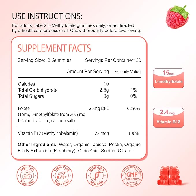 2 Pack L-Methylfolate 15mg Gummies, Methylated Multivitamin with Methylated B12, Active 5-MTHF Form, Supports MTHFR Mutation, Methylation, Mood & Cognition, Vegan, Raspberry Flavor, 120 Cts