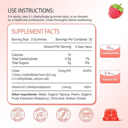 2 Pack L-Methylfolate 15mg Gummies, Methylated Multivitamin with Methylated B12, Active 5-MTHF Form, Supports MTHFR Mutation, Methylation, Mood & Cognition, Vegan, Raspberry Flavor, 120 Cts