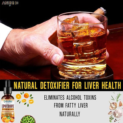 ANUMED - Lipotropic Complex Liquid Drops with Vitamin B12, B6, Folic Acid, Choline, Inositol for Liver Health, Natural Cleanser, Detox + Boosts Natural Energy Levels. Vegan, Non-GMO, Gluten-Free (2oz)