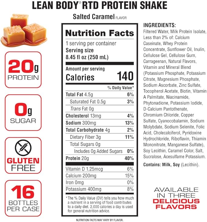 LABRADA NUTRITION - Lean Body RTD Whey Protein Shake, Convenient On-The-Go Meal Replacement Shake for Men & Women, 20 grams of Protein – Zero Sugar, Lactose & Gluten Free, Salted Caramel (Pack of 16)