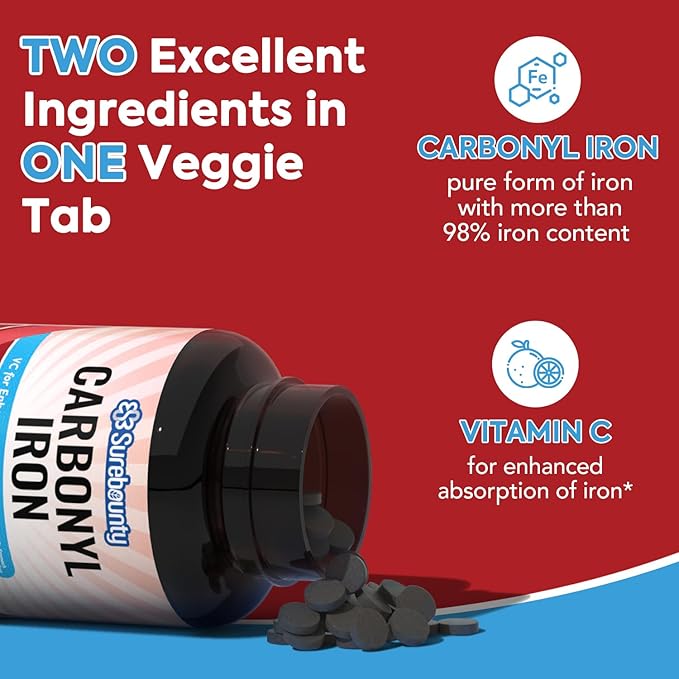 Iron Supplement 65mg with Natural Vitamin C, Gentle on The Stomach, High Absorption, for Red Blood Cell Function, Energy Support, and Muscle Health, Once Daily, Vegan, 60 Tabs