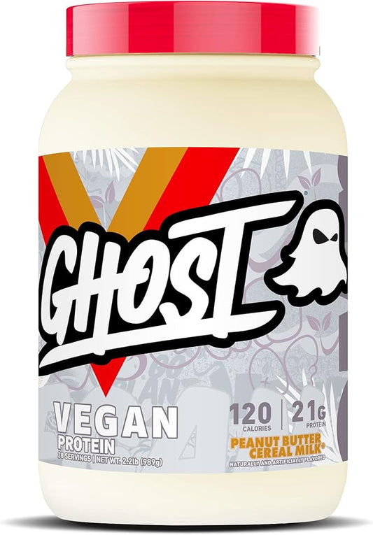 GHOST Vegan Protein Powder, Peanut Butter Cereal Milk - 2.2lb, 21g of Protein - Plant-Based Pea & Organic Pumpkin Protein - Post Workout & Nutrition Shakes, Smoothies, & Baking - Soy & Gluten-Free