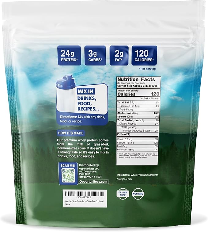 Grass Fed Whey Protein Powder Concentrate - Unflavored & Unsweetened - Pure Protein Supplement for Drink, Smoothie, Shake, Cooking & Baking - Non GMO, Hormone Free & Gluten Free - 2.5 Pound