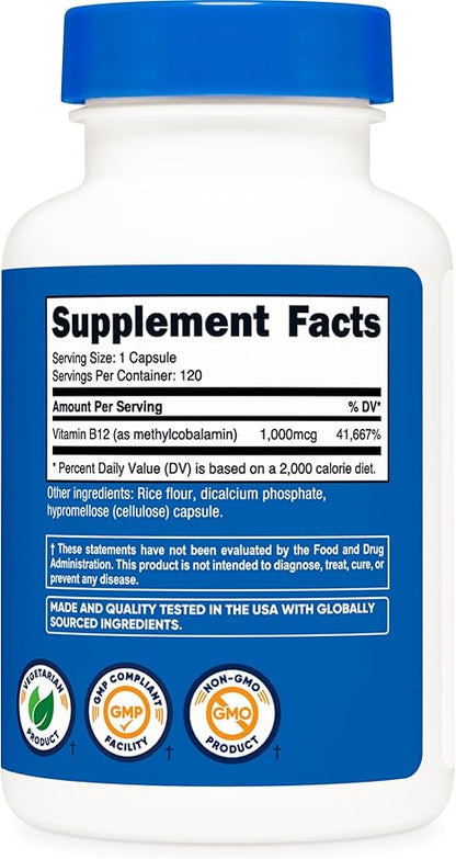 Nutricost Vitamin B12 (Methylcobalamin) 1000mcg, 120 Capsules - Vegetarian, Non-GMO & Gluten Free B12 Supplement
