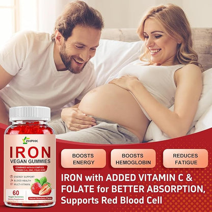 Iron Supplement Gummies for Women, Men & Kids, 65mg Iron & 250mg Vitamin C per Serving - Blood Builder & Immune Support Iron Vitamin Iron Gummy Vitamin with Folate, 2 Pack