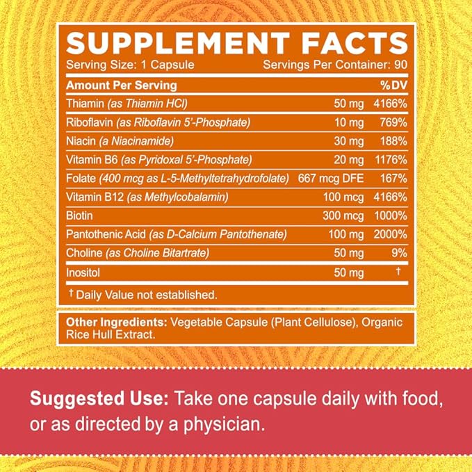 Zentastic Vitamin B-Complex - All B Vitamins with B12, B6, B9 Folic Acid, Choline, Inositol - Active and Methyl Forms - Nervous System, Energy, Metabolism, Immune Support - 90 Vegan Capsules