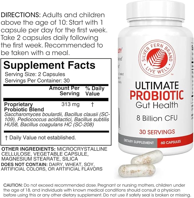 Silver Fern Ultimate Probiotic Supplement Vegicaps - Daily Metabolic Restoration, Proven Survivability, DNA Verified Multi-Strain Probiotic Capsules (2 Bottles - 120 Capsules)