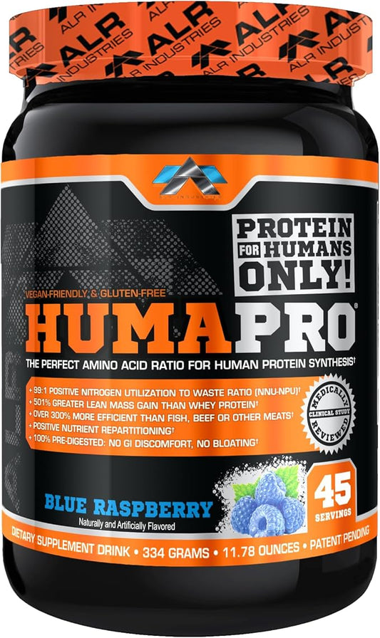 Humapro | Amino Acids Protein Matrix for Humans | 99% Utilization for Lean Muscle | Vegan, Gluten Free | 334g / 45 Servings (Blue Raspberry)