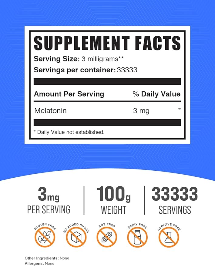 BulkSupplements.com Melatonin Powder - Sleep Supplement, Melatonin for Adults, Melatonin 3 mg - Vegan Melatonin, Pure & Gluten Free, 3mg per Serving, 100g (3.5 oz) (Pack of 1)