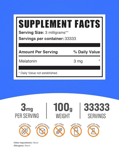 BulkSupplements.com Melatonin Powder - Sleep Supplement, Melatonin for Adults, Melatonin 3 mg - Vegan Melatonin, Pure & Gluten Free, 3mg per Serving, 100g (3.5 oz) (Pack of 1)