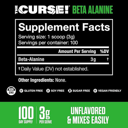JNX SPORTS The Curse! Beta Alanine Powder - Unflavored, 100 Servings, 3g per Serving, GMP Compliant, Non-GMO, Made in The USA, Dietary Friendly