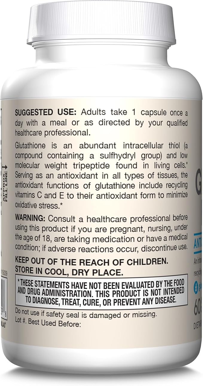 Jarrow Formulas Glutathione Reduced 500 mg - 60 Veggie Capsules - Intracellular Antioxidant - Quality Glutathione Supplements - Supports Recycling of Vitamins C & E - Non-GMO - Gluten Free - Vegan
