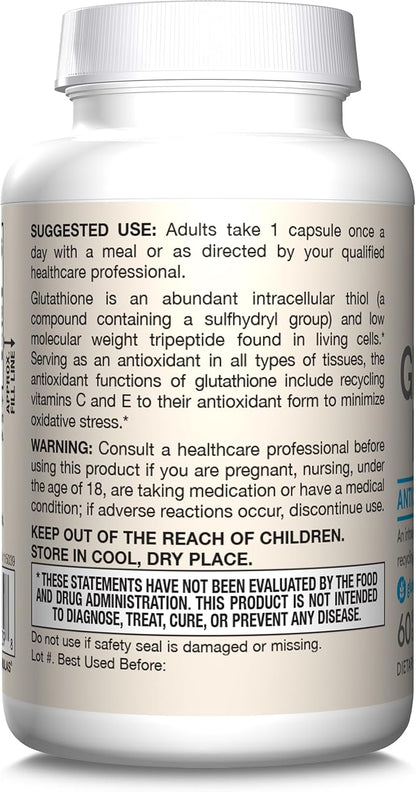 Jarrow Formulas Glutathione Reduced 500 mg - 60 Veggie Capsules - Intracellular Antioxidant - Quality Glutathione Supplements - Supports Recycling of Vitamins C & E - Non-GMO - Gluten Free - Vegan