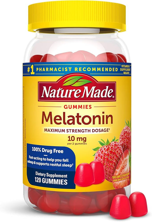 Nature Made Melatonin 10mg per serving Gummies, Maximum Strength Dosage, 100% Drug Free Sleep Aid for Adults, 120 Melatonin Gummies, 60 Day Supply