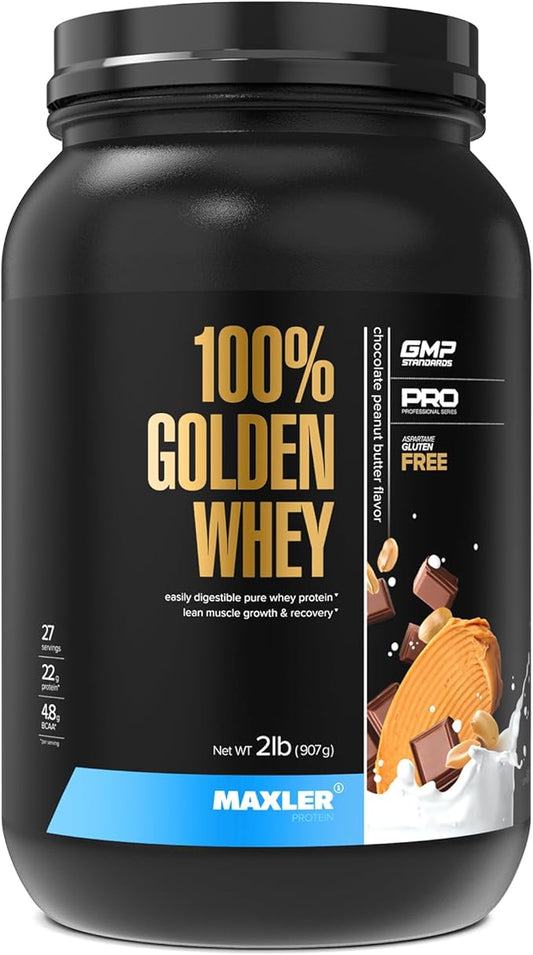 Maxler 100% Golden Whey Protein - 22g of Premium Whey Protein Powder per Serving - Pre Post Intra Workout - Fast-Absorbing Whey Hydrolysate, Isolate, Concentrate Blend - Chocolate Peanut Butter 2 lbs