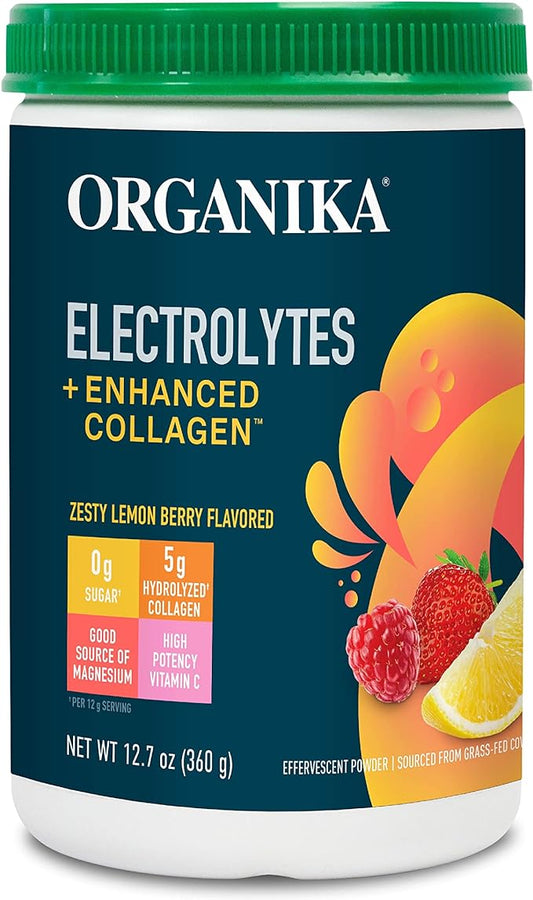 Organika Electrolytes + Enhanced Collagen- Zesty Lemon Berry Flavour- Sugar-Free Hydration + Protein 360 gram - 30 Servings