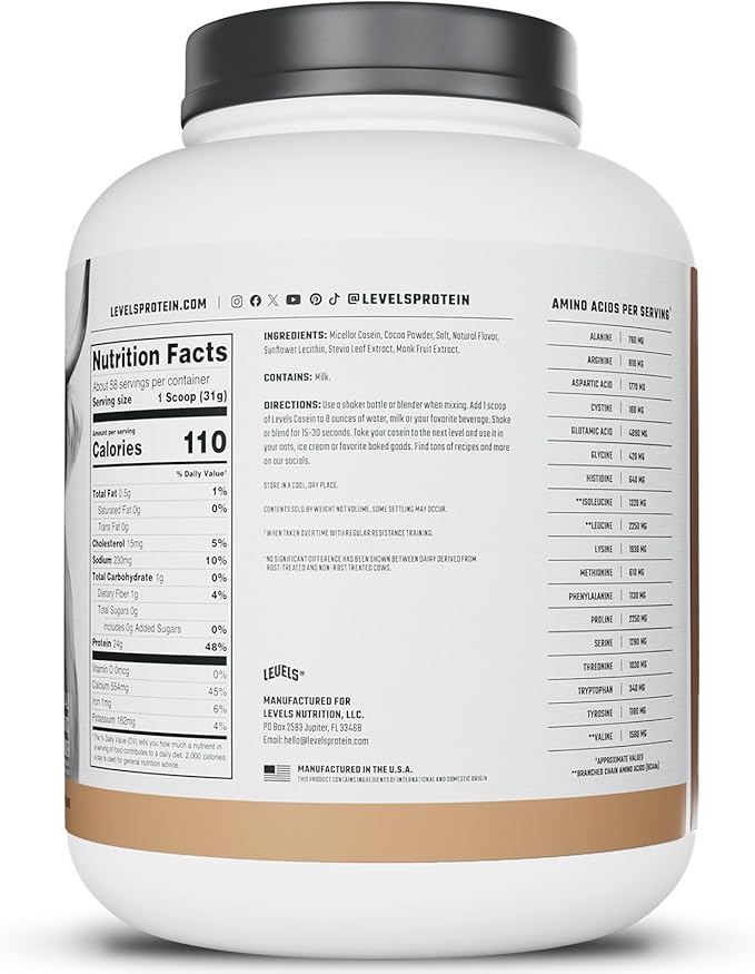 Levels 100% Micellar Casein Protein, Hormone Free, Chocolate, 4LB
