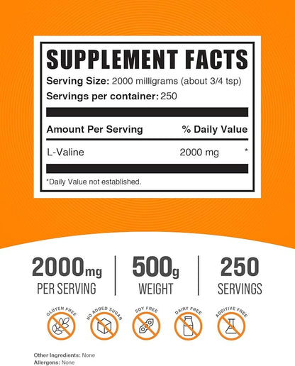 BulkSupplements.com L-Valine Powder - Valine Supplement, Valine Amino Acids - BCAA Supplement, L-Valine 2000mg - Gluten Free, 2000mg per Serving, 500g (1.1 lbs) (Pack of 1)