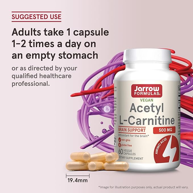 Jarrow Formulas Acetyl L-Carnitine 500 mg, Dietary Supplement, Amino Acid Support for Brain Health and Antioxidants, 60 Veggie Capsules, 60 Day Supply